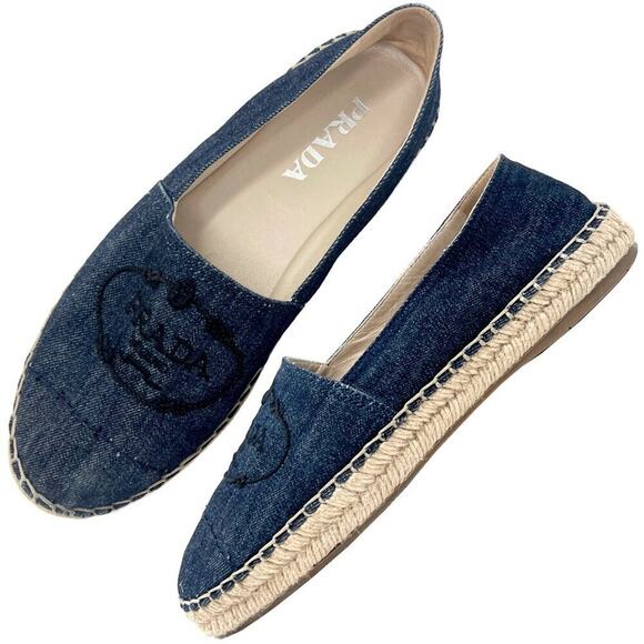 Prada Denim Logo Espadrille Flats Embroidered Slip-Ons- Size 38.5 - Picture 1 of 9